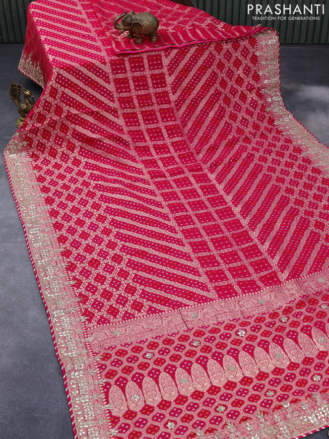 Georgette silk saree pink with allover bandhani prints & banarasi zari weaves and zari woven gottapatti lace work border