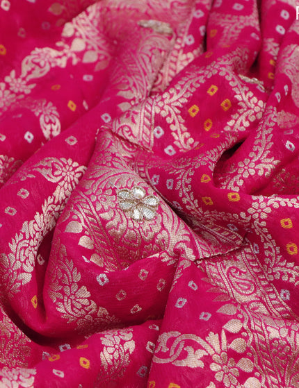 Georgette silk saree pink with allover bandhani prints & banarasi zari weaves and zari woven gottapatti lace work border