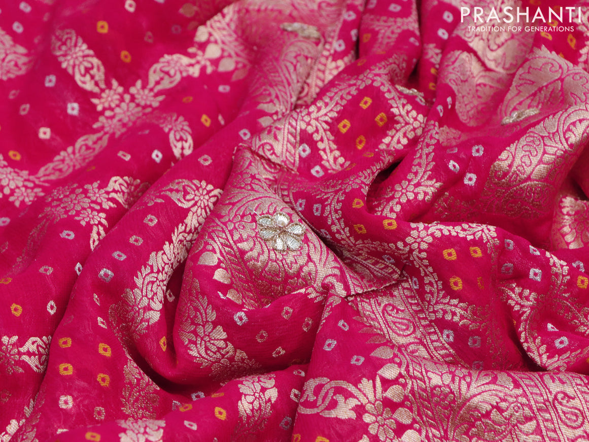 Georgette silk saree pink with allover bandhani prints & banarasi zari weaves and zari woven gottapatti lace work border