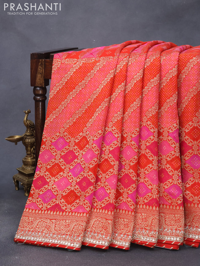 Georgette silk saree pink and red with allover bandhani prints & banarasi zari weaves and zari woven gottapatti lace work border