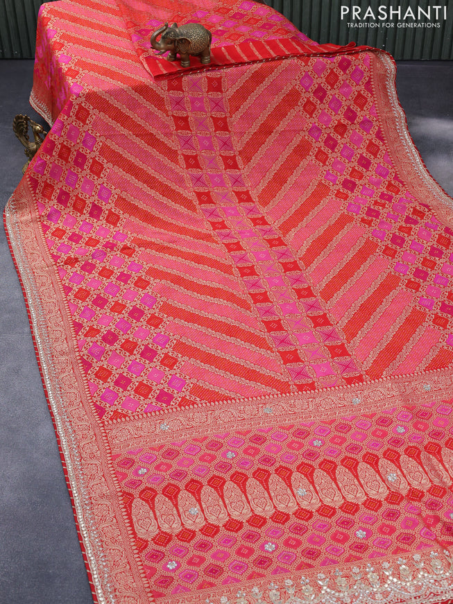 Georgette silk saree pink and red with allover bandhani prints & banarasi zari weaves and zari woven gottapatti lace work border