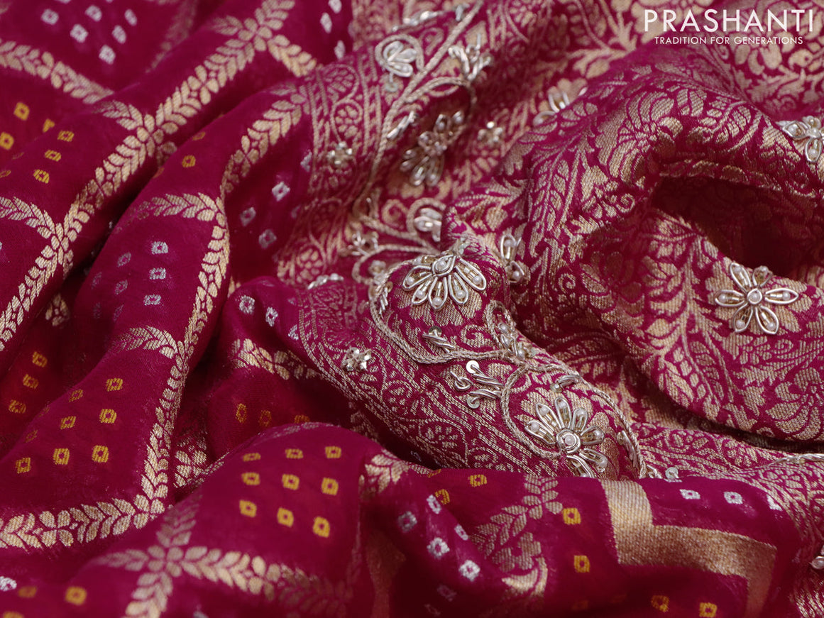 Georgette silk saree pink with allover zari woven banarasi weaves and zari woven gottapatti lace work border