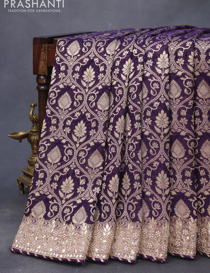 Georgette silk saree deep violet with allover zari woven banarasi weaves and zari woven gottapatti lace work border