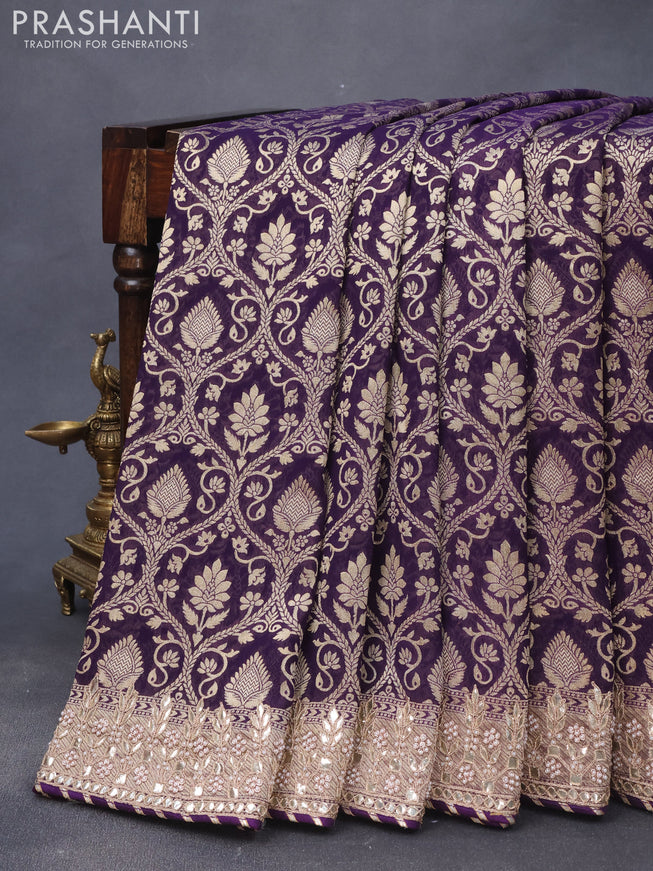 Georgette silk saree deep violet with allover zari woven banarasi weaves and zari woven gottapatti lace work border