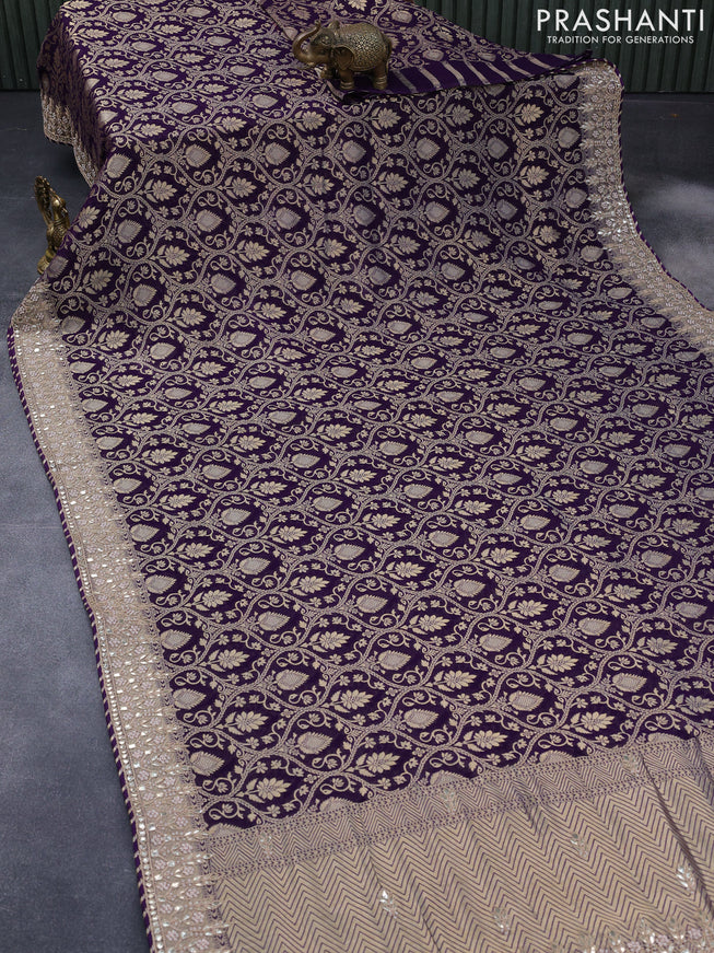 Georgette silk saree deep violet with allover zari woven banarasi weaves and zari woven gottapatti lace work border