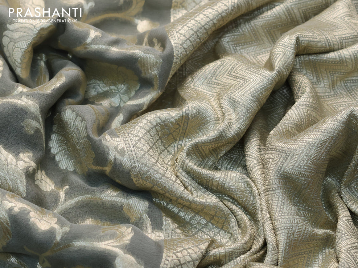 Banarasi georgette silk saree pastel grey with allover thread & floral zari weaves and woven border