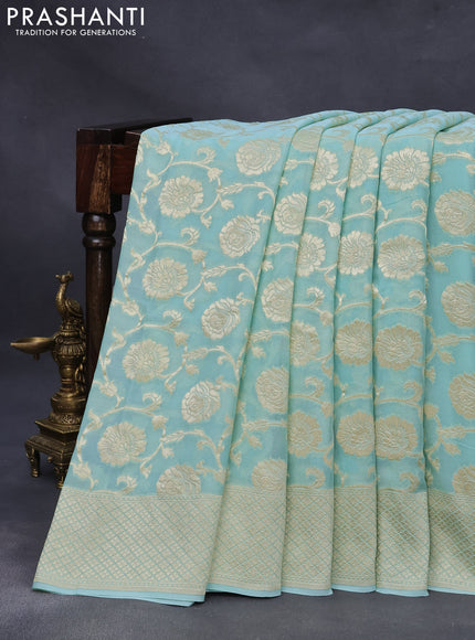 Banarasi georgette silk saree pastel blue with allover thread & floral zari weaves and woven border