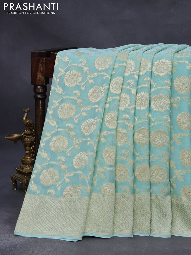 Banarasi georgette silk saree pastel blue with allover thread & floral zari weaves and woven border