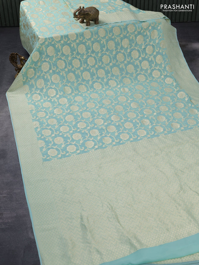 Banarasi georgette silk saree pastel blue with allover thread & floral zari weaves and woven border