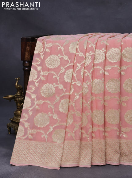 Banarasi georgette silk saree peach pink with allover thread & floral zari weaves and woven border