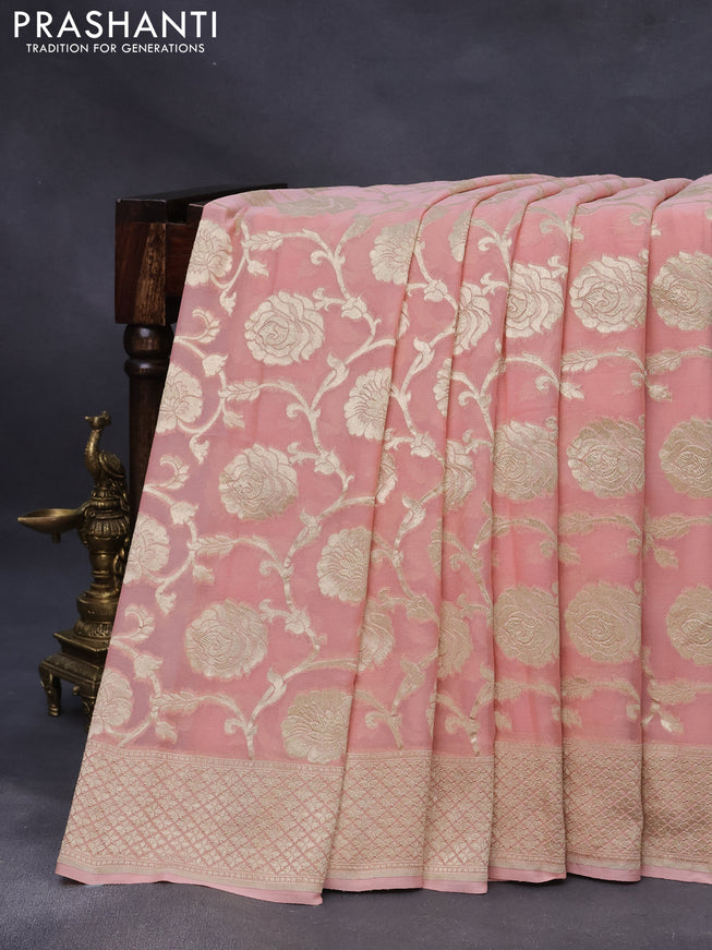 Banarasi georgette silk saree peach pink with allover thread & floral zari weaves and woven border