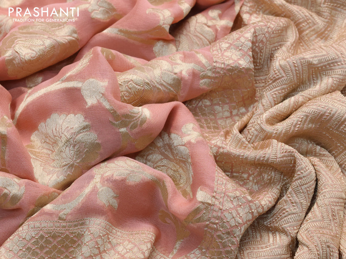 Banarasi georgette silk saree peach pink with allover thread & floral zari weaves and woven border