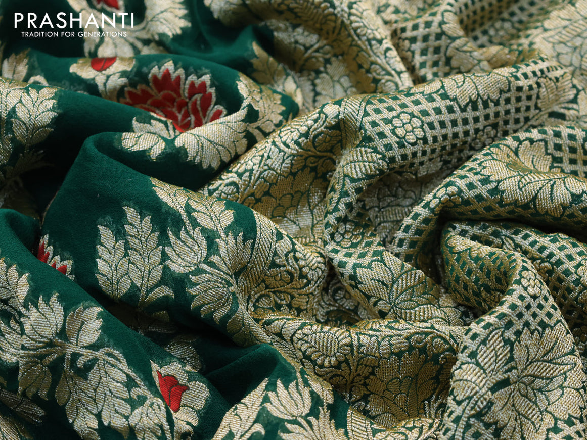 Banarasi georgette silk saree green with allover floral design thread & zari weaves and woven border