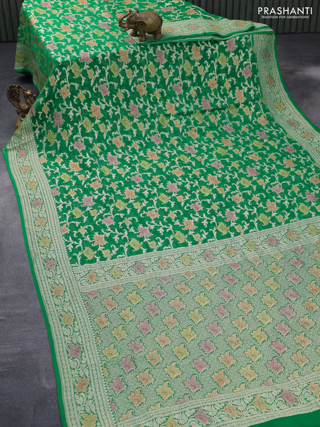 Banarasi georgette silk saree green with allover thread & zari weaves and woven border