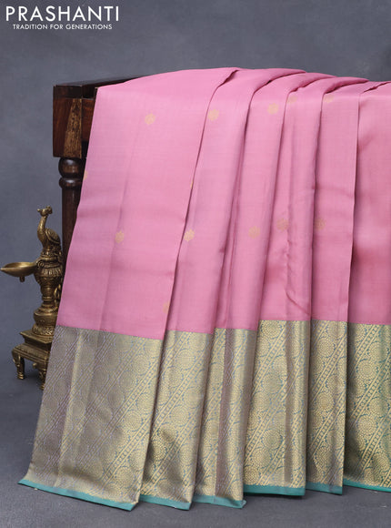 Pure kanjivaram silk saree light pink and dual shade of green with zari woven buttas and long rich zari woven border