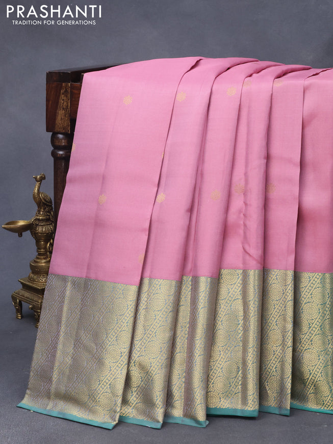 Pure kanjivaram silk saree light pink and dual shade of green with zari woven buttas and long rich zari woven border