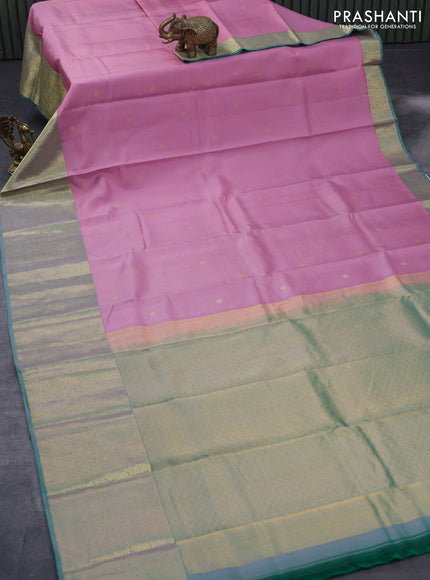 Pure kanjivaram silk saree light pink and dual shade of green with zari woven buttas and long rich zari woven border