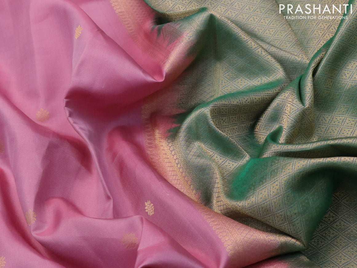 Pure kanjivaram silk saree light pink and dual shade of green with zari woven buttas and long rich zari woven border