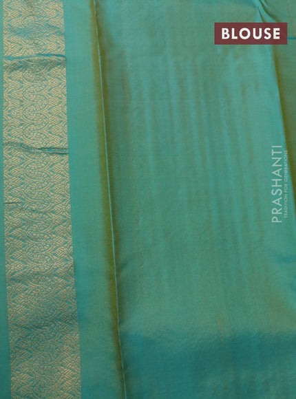 Pure kanjivaram silk saree sandal and dual shade of teal blue with allover zari weaves and zari woven border