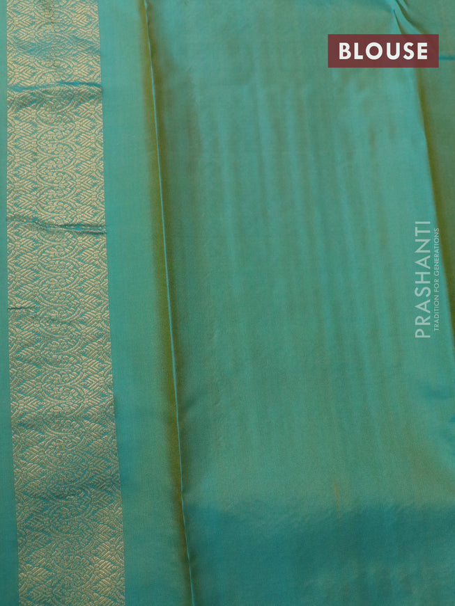 Pure kanjivaram silk saree sandal and dual shade of teal blue with allover zari weaves and zari woven border