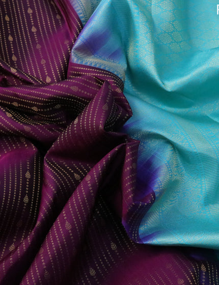 Pure kanjivaram silk saree deep purple and teal blue with allover zari weaves and zari woven korvai border