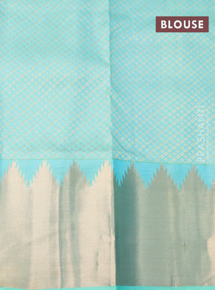 Pure kanjivaram silk saree teal blue with plain body and temple design zari woven border