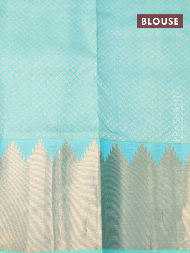 Pure kanjivaram silk saree teal blue with plain body and temple design zari woven border