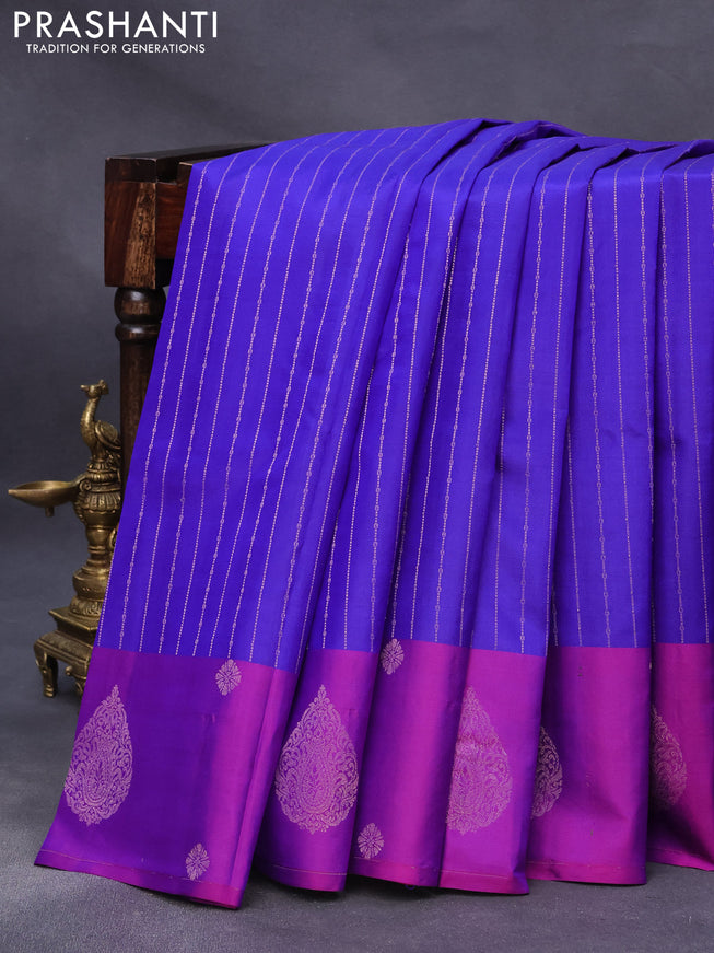 Pure kanjivaram silk saree blue and purple with allover zari weaves and zari woven butta border