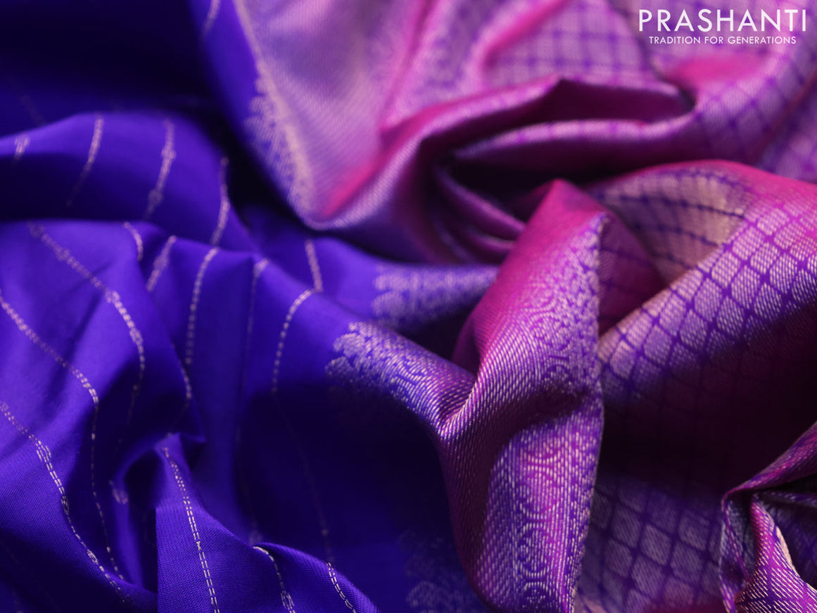 Pure kanjivaram silk saree blue and purple with allover zari weaves and zari woven butta border