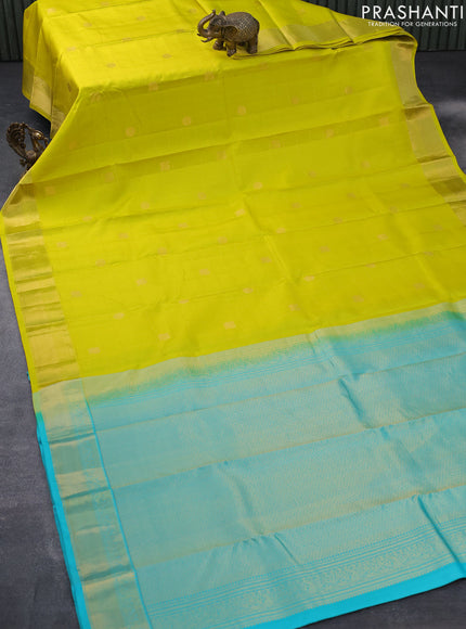 Pure kanjivaram silk saree lime yellow and teal blue with allover zari checks & buttas and zari woven border