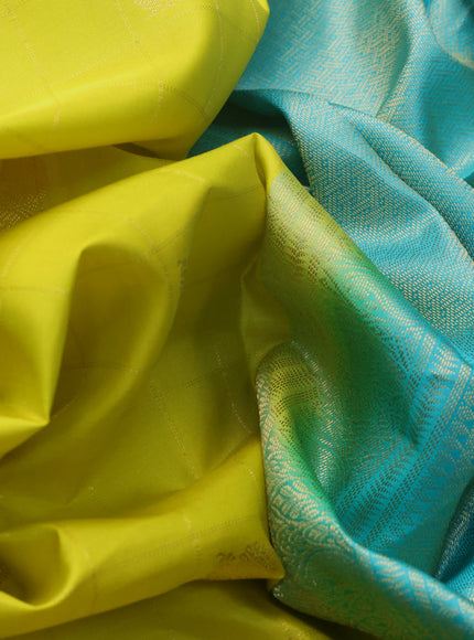 Pure kanjivaram silk saree lime yellow and teal blue with allover zari checks & buttas and zari woven border