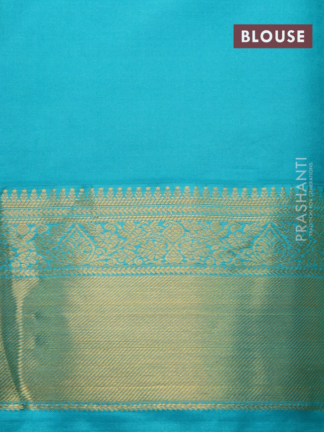 Pure kanjivaram silk saree lime yellow and teal blue with allover zari checks & buttas and zari woven border