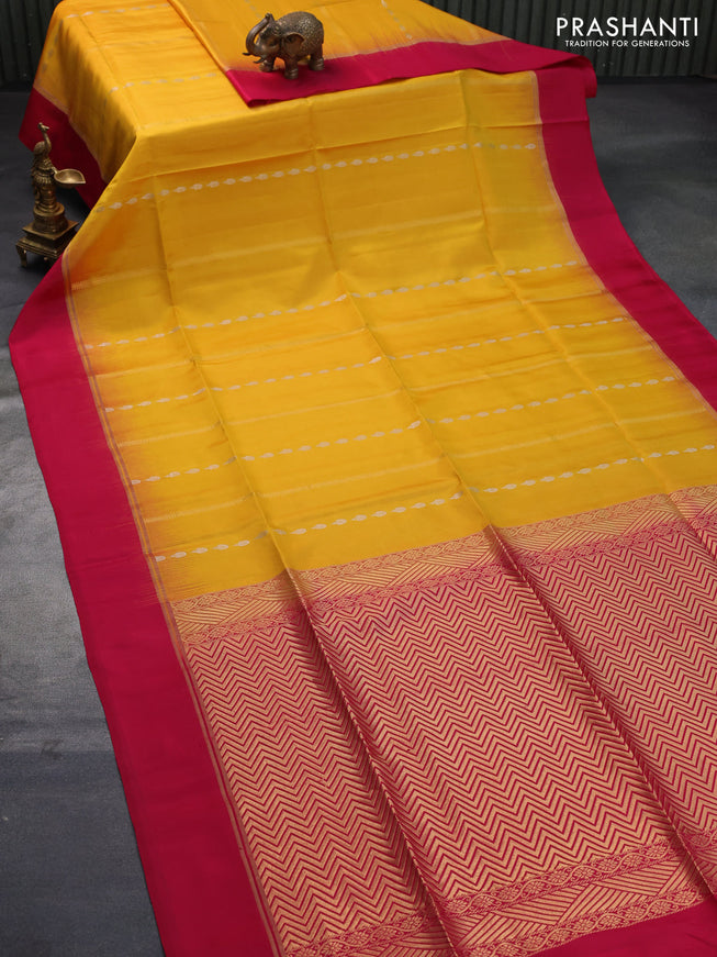 Pure soft silk saree mustard yellow and pink with allover silver zari weaves & buttas and zari woven simple border