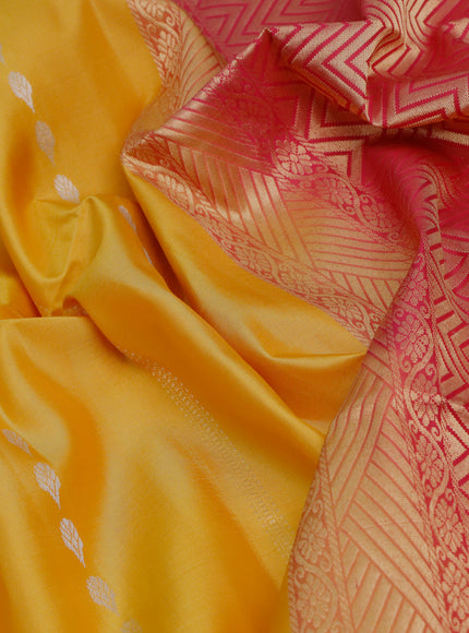 Pure soft silk saree mustard yellow and pink with allover silver zari weaves & buttas and zari woven simple border