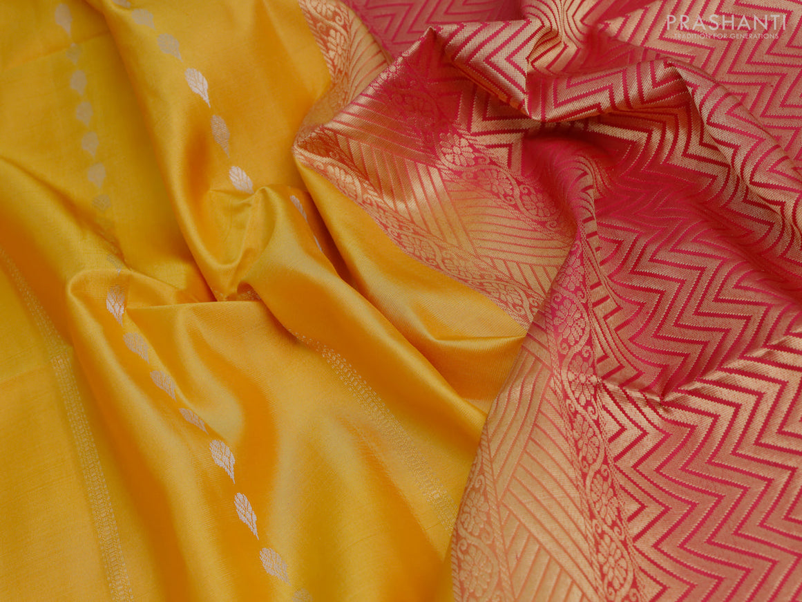 Pure soft silk saree mustard yellow and pink with allover silver zari weaves & buttas and zari woven simple border