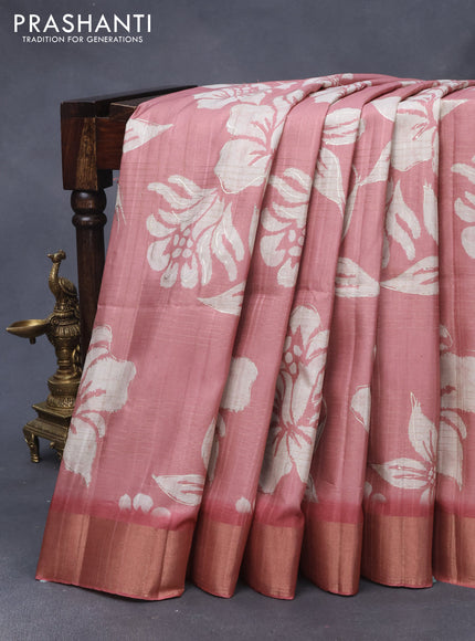 Semi matka foil printed saree pastel pink with allover floral prints & zari weaves and zari woven border