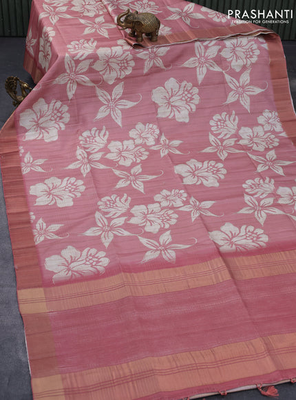 Semi matka foil printed saree pastel pink with allover floral prints & zari weaves and zari woven border