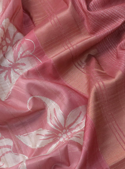 Semi matka foil printed saree pastel pink with allover floral prints & zari weaves and zari woven border