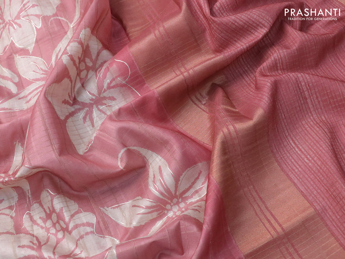 Semi matka foil printed saree pastel pink with allover floral prints & zari weaves and zari woven border