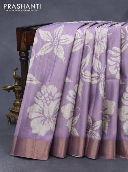 Semi matka foil printed saree lavender shade with allover floral prints & zari weaves and zari woven border