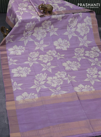 Semi matka foil printed saree lavender shade with allover floral prints & zari weaves and zari woven border