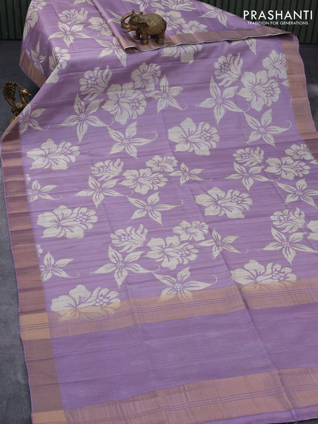 Semi matka foil printed saree lavender shade with allover floral prints & zari weaves and zari woven border