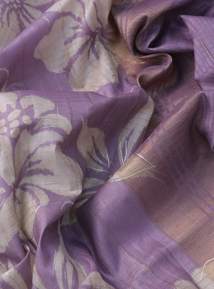 Semi matka foil printed saree lavender shade with allover floral prints & zari weaves and zari woven border