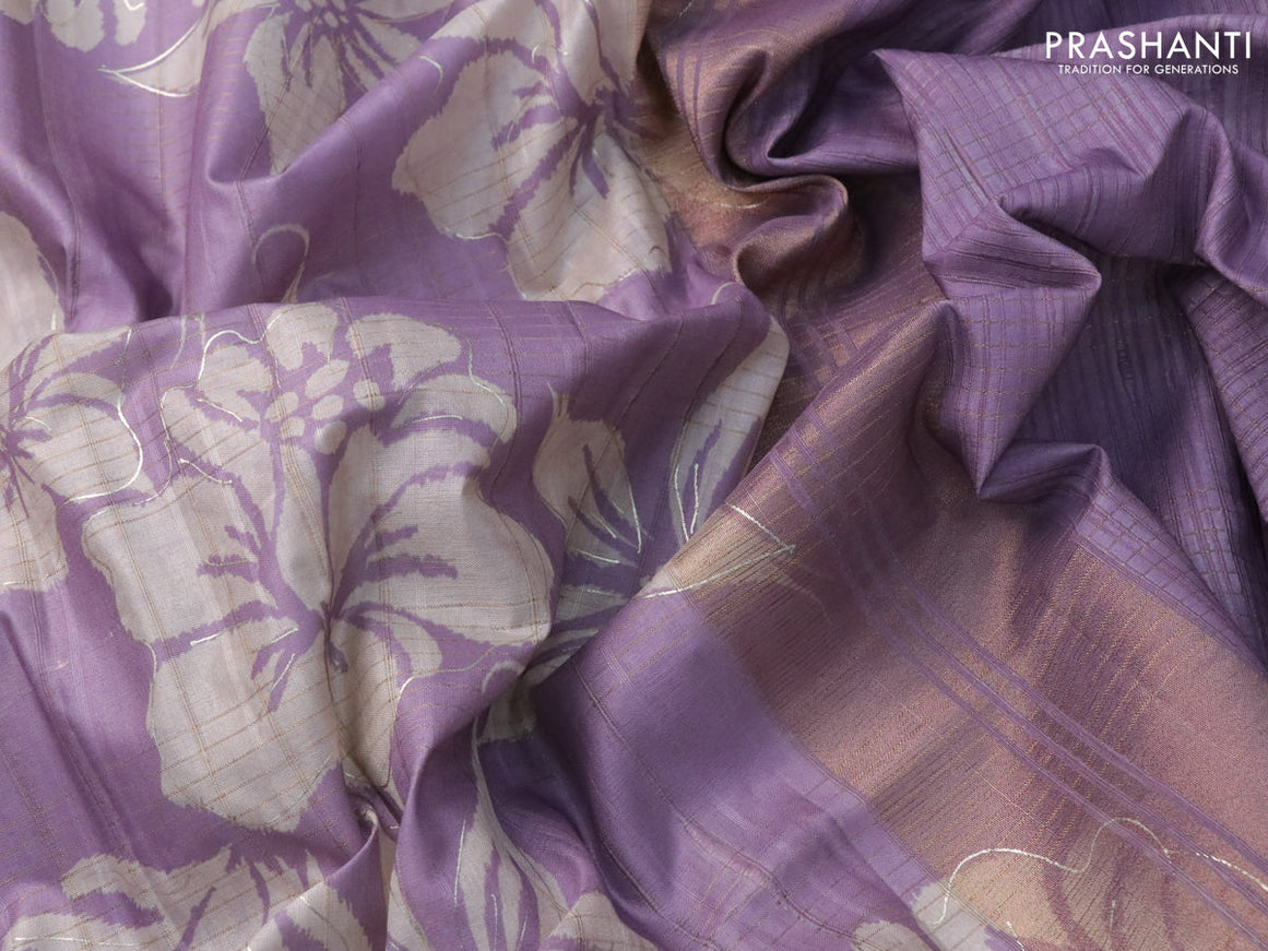 Semi matka foil printed saree lavender shade with allover floral prints & zari weaves and zari woven border