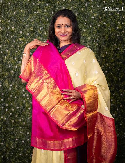 The Fusion Saree - Kanchipuram and Banarasi chiffon yellow and pink with rich zari border and body buttas