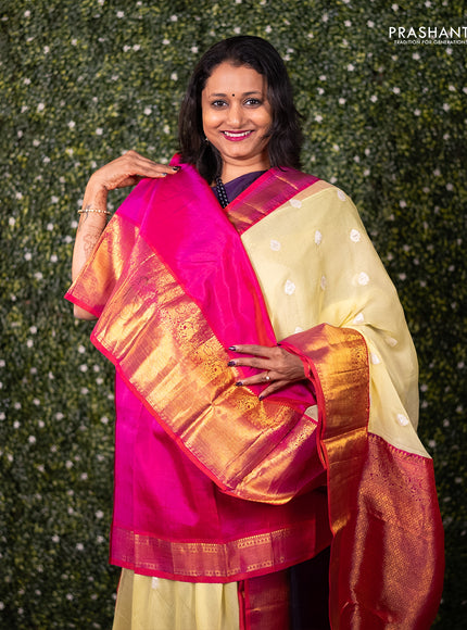 The Fusion Saree - Kanchipuram and Banarasi chiffon yellow and pink with rich zari border and body buttas