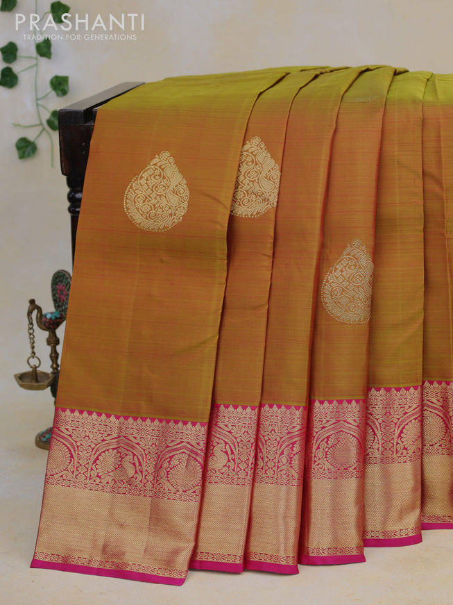 Pure kanjivaram silk saree dual shade of mustard and pink with zari woven buttas and zari woven border