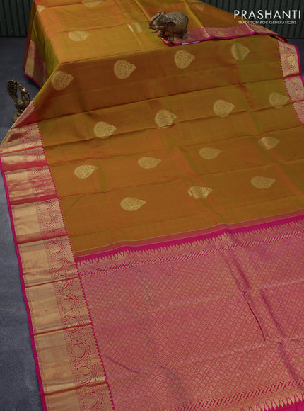 Pure kanjivaram silk saree dual shade of mustard and pink with zari woven buttas and zari woven border