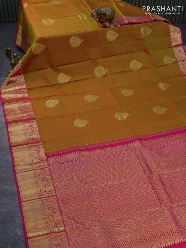 Pure kanjivaram silk saree dual shade of mustard and pink with zari woven buttas and zari woven border