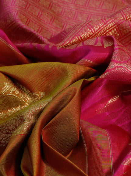 Pure kanjivaram silk saree dual shade of mustard and pink with zari woven buttas and zari woven border